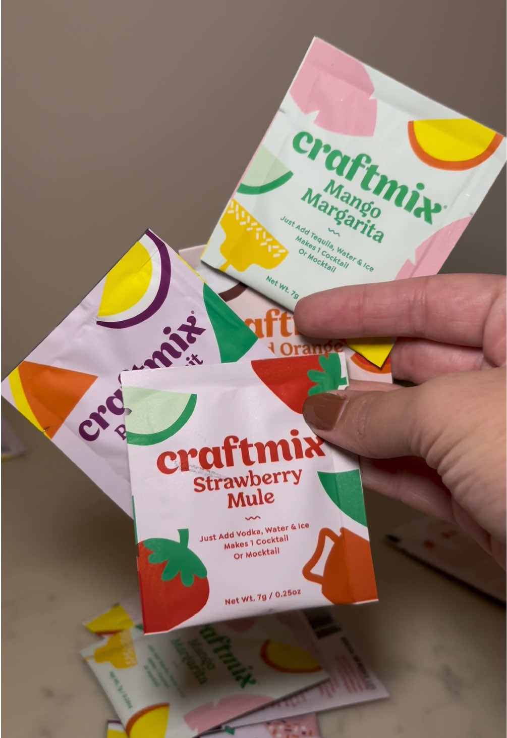 TikTok post by @rachael.megonigal for Craftmix. Caption reads: CraftMix drink packets #craftmix #drinktok [...].