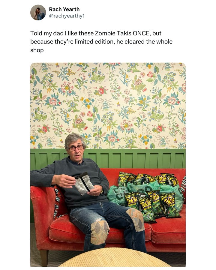 Instagram post by @greatbritish.memes for Takis. Caption reads: Are all parents like this? 🤣 ad

@takisgb....