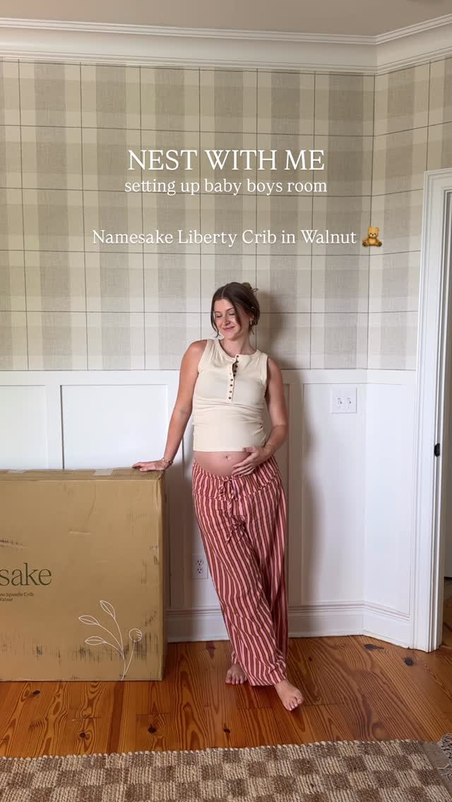 Instagram post by @bayleigh_barnes for Namesake Home. Caption reads: the most perfect crib that will convert into a....