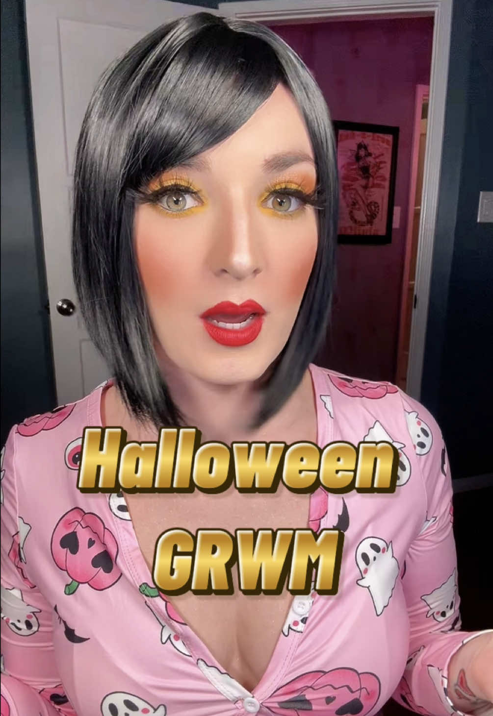 TikTok post by @erin_micklow for Urban Decay. Caption reads: Halloween GRWM 🎃 Makeup: @Polite Society Beauty....