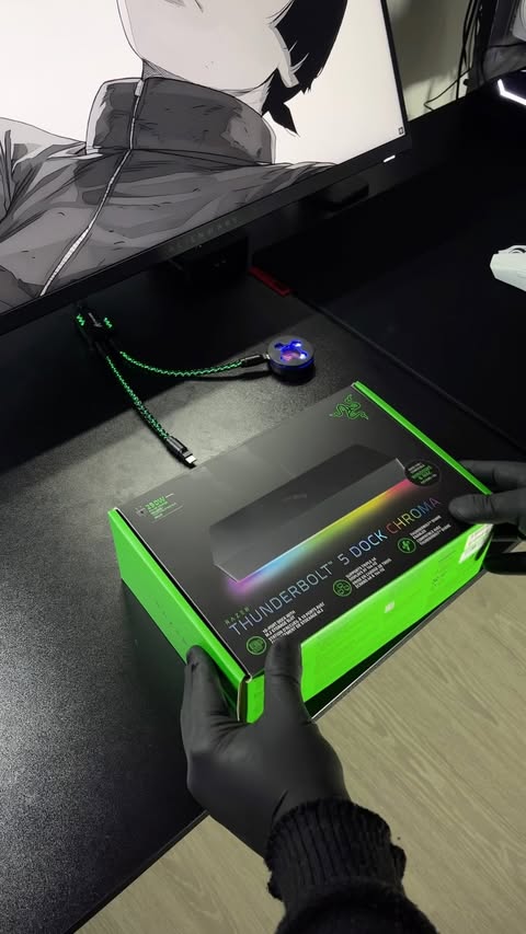 Instagram post by @justdougyy for Razer. Caption reads: The Razer Thunderbolt™ 5 Dock Chroma. ⚡ Built for....