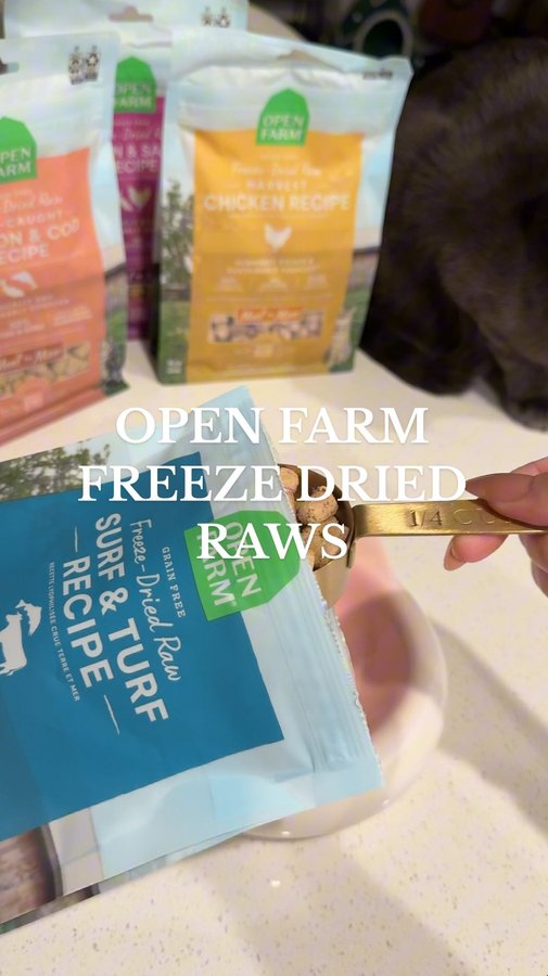 Instagram post by an influencer for Open Farm Pet. Caption reads: @openfarmpet Freeze Dried Raws will [...].