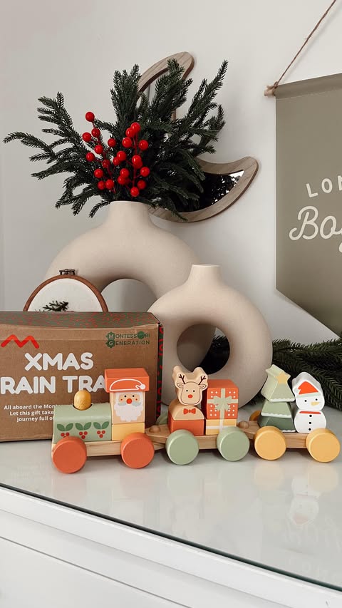 Instagram post by @world.ofdamon for Montessori Generation. Caption reads: All aboard the Christmas Brain Train! 🎄✨ 

The....