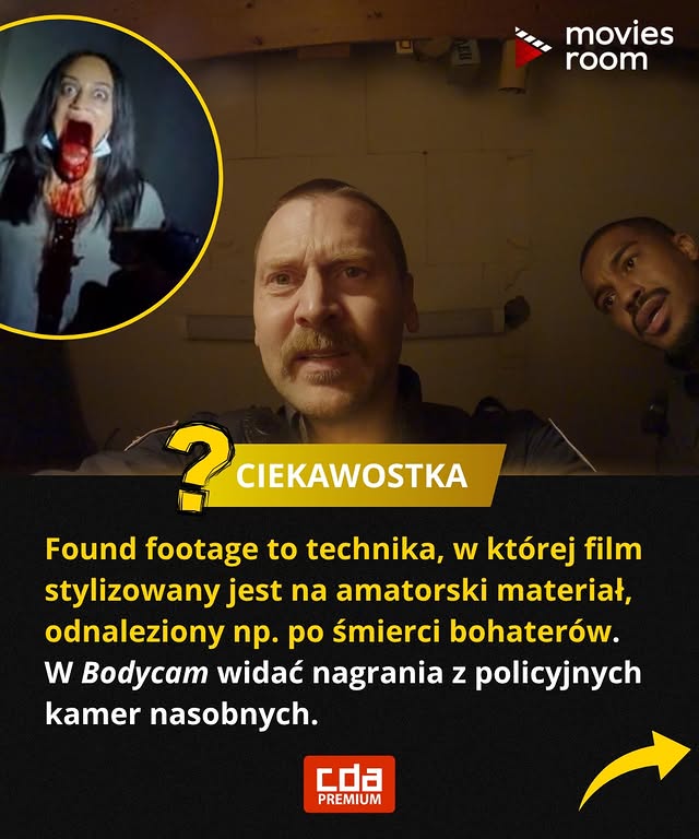 Instagram post by @ciekawostkowoo for MoviesRoom.pl. Caption reads: Lubicie horrory found footage? ☠️ Na CDA Premium....