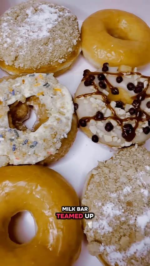 Instagram post by @markie_devo for Krispy Kreme Doughnuts. Caption reads: Krispy Kreme X Milk Bar Doughnuts! 📍At Krispy....