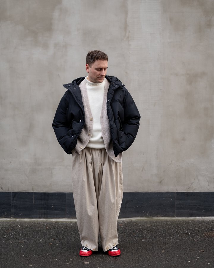 Instagram post by @raffaelpayr for Theory. Caption reads: Jacket: @theory__ 
Cardigan: @acnestudios....