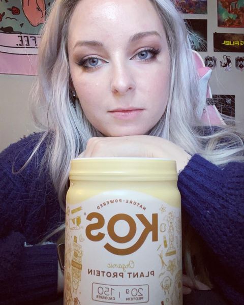 Instagram post by @hauntedcoffee_ for KOS. Caption reads: [...] This organic plant-based protein by KOS....