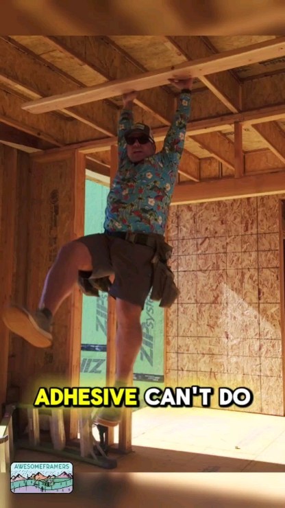 Instagram post by @awesomeframers for TRUEWERK. Caption reads: Can your subfloor adhesive hold my weight? 🤣🤣🤣....