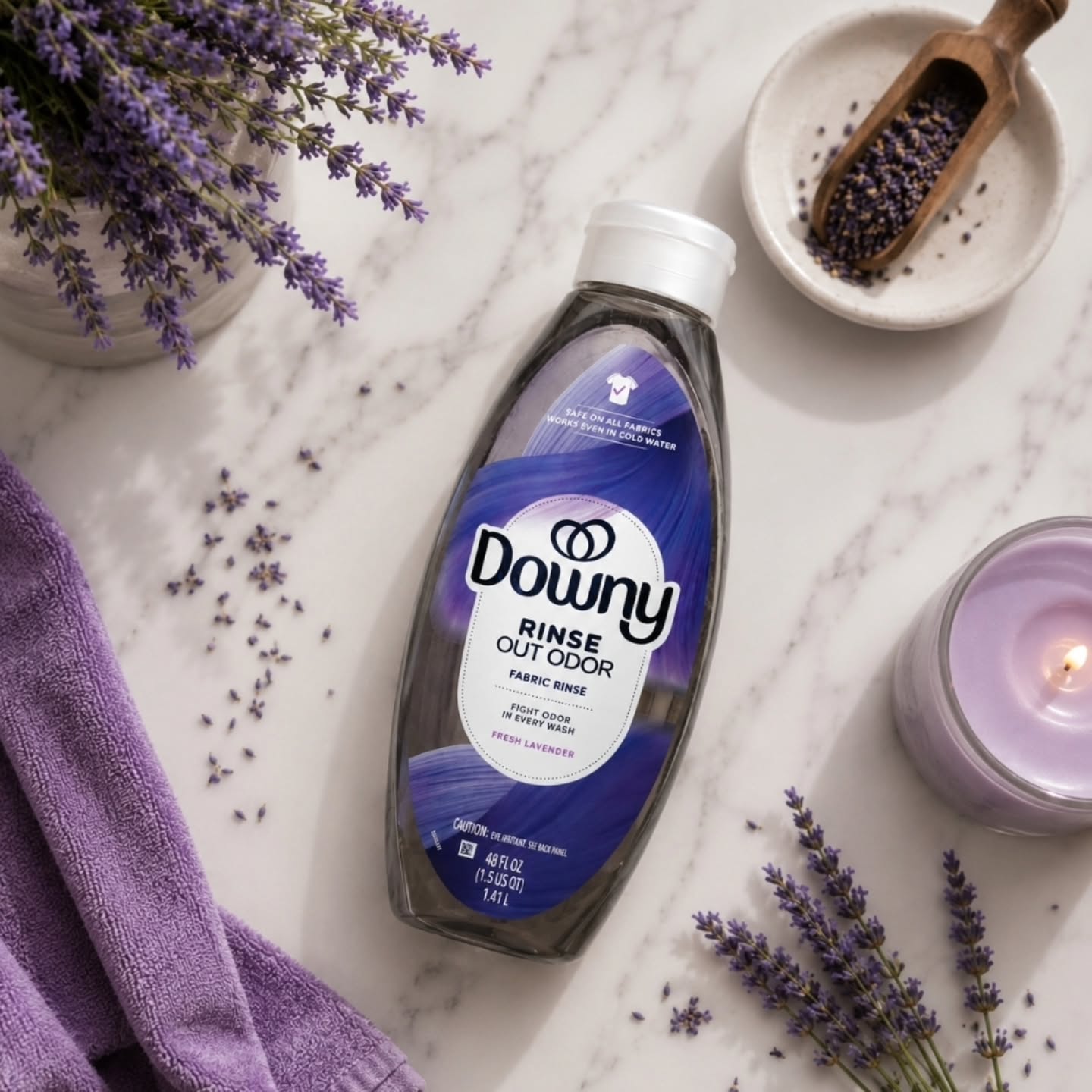 Instagram post by @yvillalobos507 for Downy. Caption reads: [...] the right rinse. 💜🧺 I've been loving Downy....