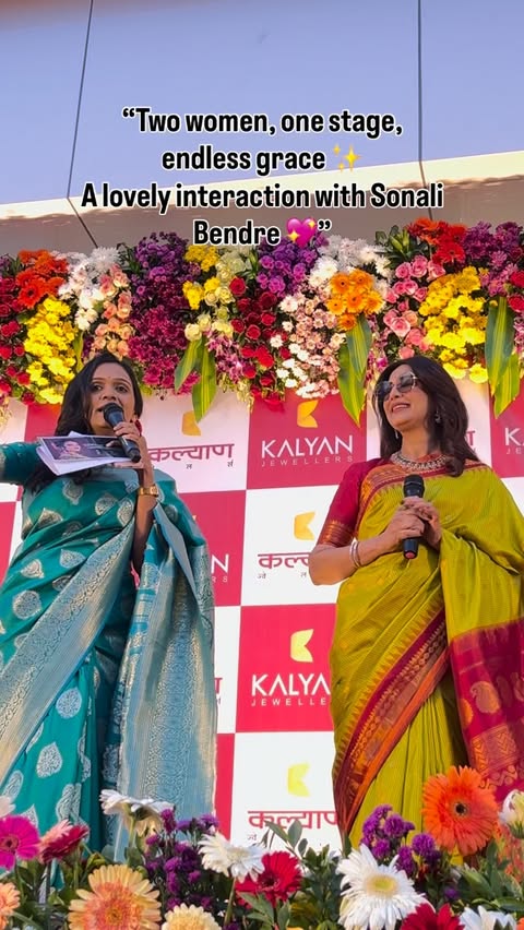 Instagram post by @anchor_swati_balte for Kalyan Jewellers. Caption reads: [...] interaction with Sonali Bendre 💎”....