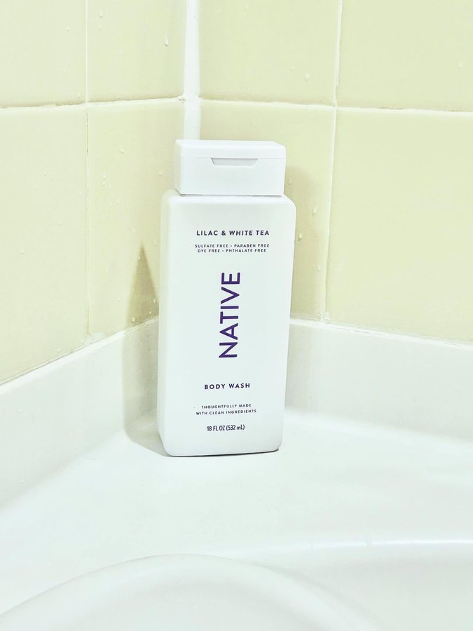 Instagram post by @brittany_frisbie for Native. Caption reads: 🌸✨ Product Review: Native Body Wash in Lilac &....