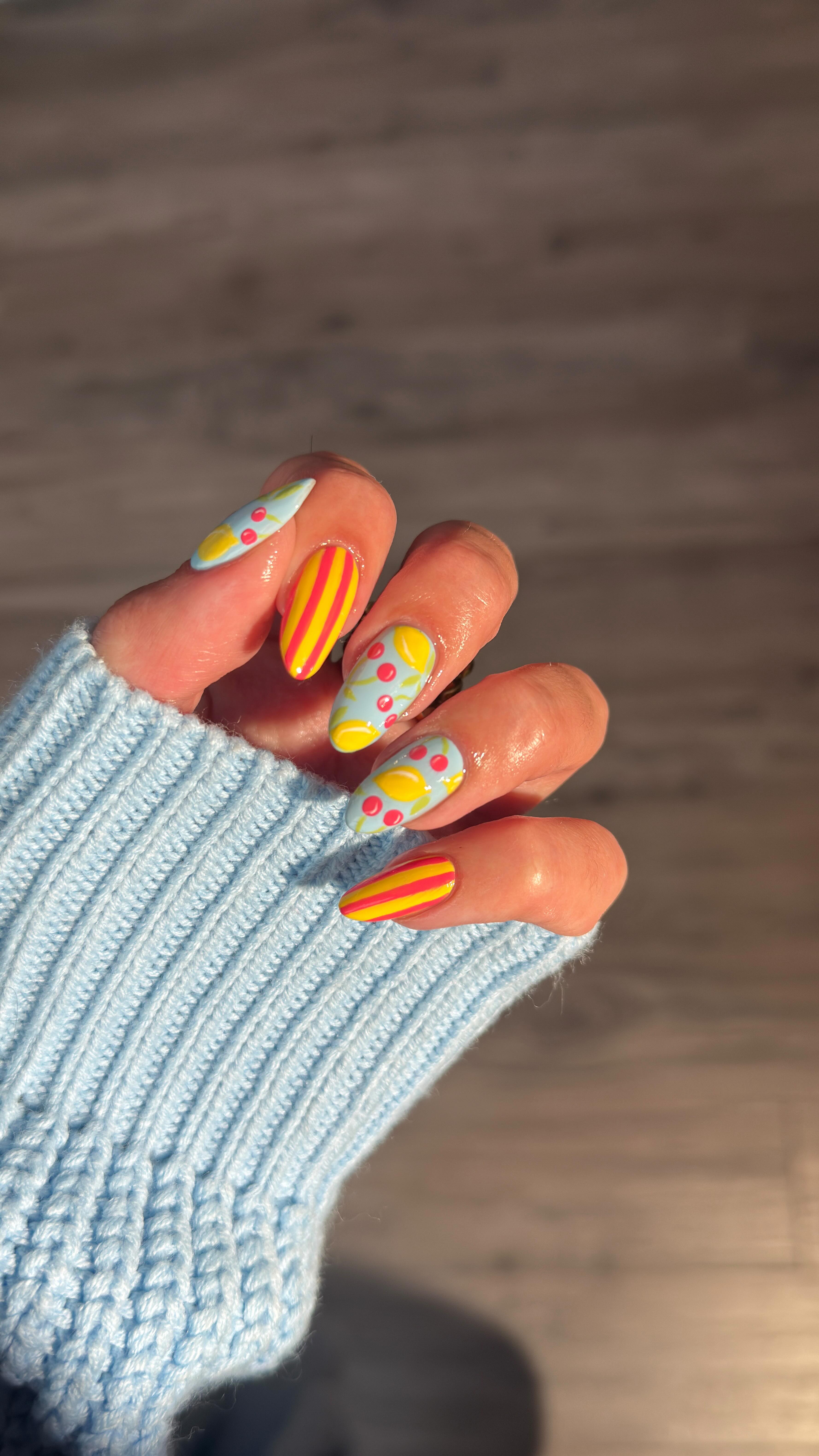 Instagram post by @kuypernailart for Le Mini Macaron. Caption reads: Cherry Lemonade nails 🍒🍋

@leminimacaron X....