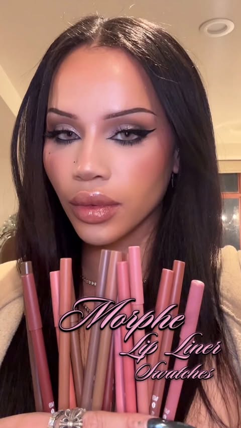 Instagram post by @luvmecamille for Morphe. Caption reads: Swatching all 16  @morphebrushes lip liners 💋.