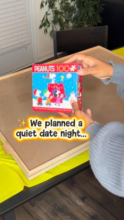 Instagram post by @jeniecedortch for Snoopy and The Peanuts Gang. Caption reads: We planned a cozy date night, just us, a 100-piece....