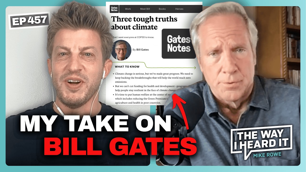 YouTube post by @therealmikerowe for Good Ranchers. Caption reads: My Hot Take On Bill Gates’ Climate Change Essay |....