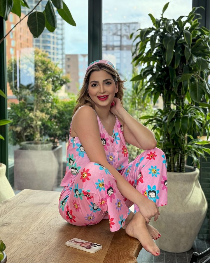 Instagram post by @rominaa_hj for LUVLETTE. Caption reads: PJs, coffee… and a mind that’s not so innocent....