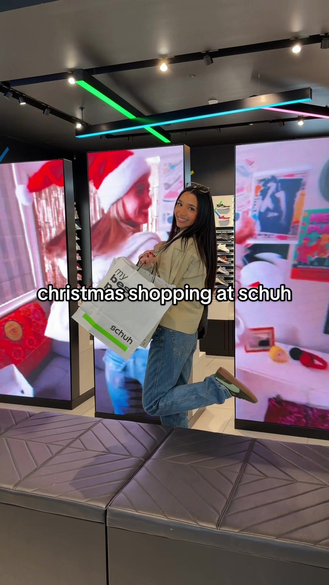 TikTok post by @saffiekhan for Schuh. Caption reads: my christmas gifting sorted at @schuh 👟❄️🛍️ad....