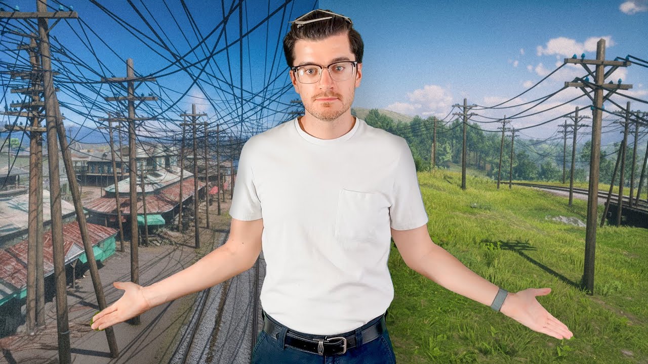YouTube post by @any_austin for MeUndies. Caption reads: Do Red Dead Redemption 2's Power Lines Connect to....