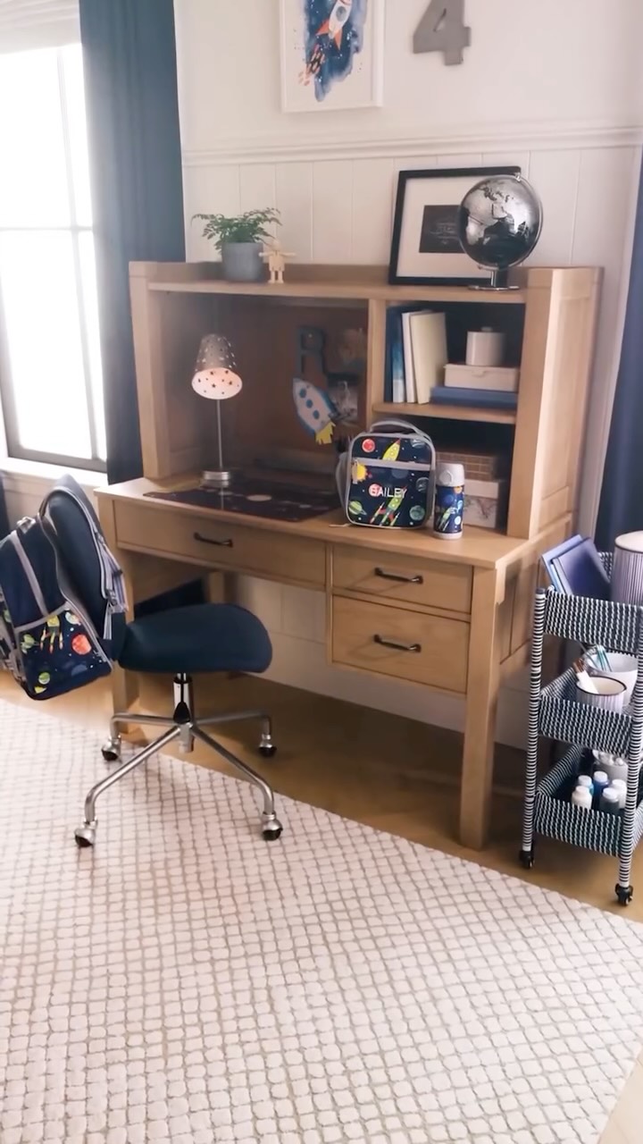 Instagram post by @joyfullygreen for Pottery Barn Kids. Caption reads: Blast off into study mode ✨ See how DIY and home....