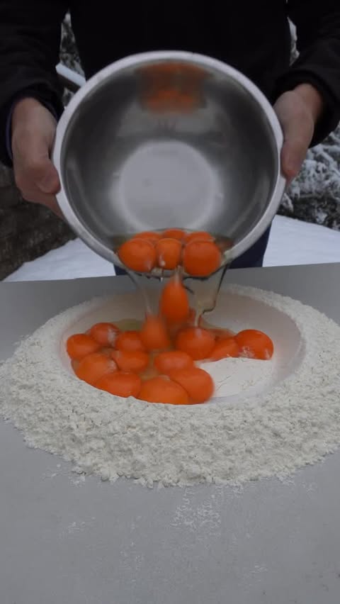 Instagram post by @ryanpeterspgh for Happy Egg. Caption reads: Pasta in the Snow? 👀🥶❄️
.
.
.
.
#peterspasta....