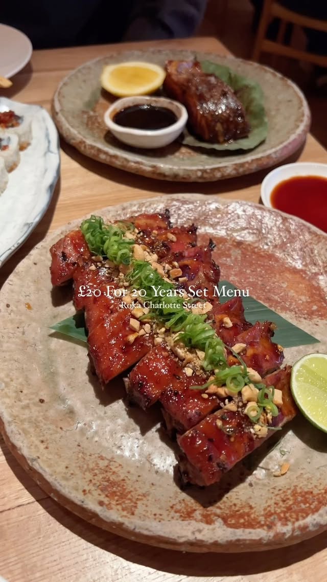 Instagram post by @where2eatlondon for ROKA. Caption reads: £20 Set Menu At @rokarestaurant.uk Charlotte....