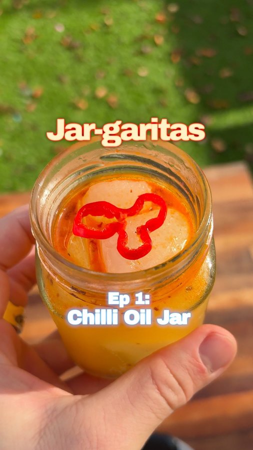 Instagram post by @tobymakesdrinks for Olmeca Altos Tequila. Caption reads: EP 1: Today is the Chilli Oil Jar-garita, batten....