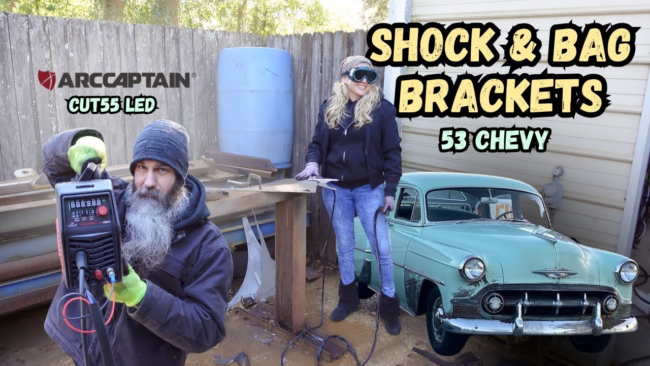 YouTube post by @SawKustomz for Arccaptain. Caption reads: [...] Shock & Bag Brackets on a 1953 Chevy |....