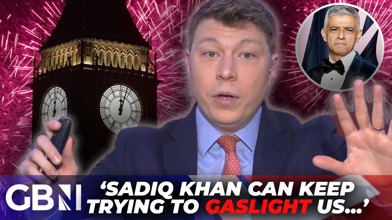 YouTube post by @GBNewsOnline for ExpressVPN. Caption reads: London fireworks: 'EGOMANIAC' Sadiq Khan TORCHED....