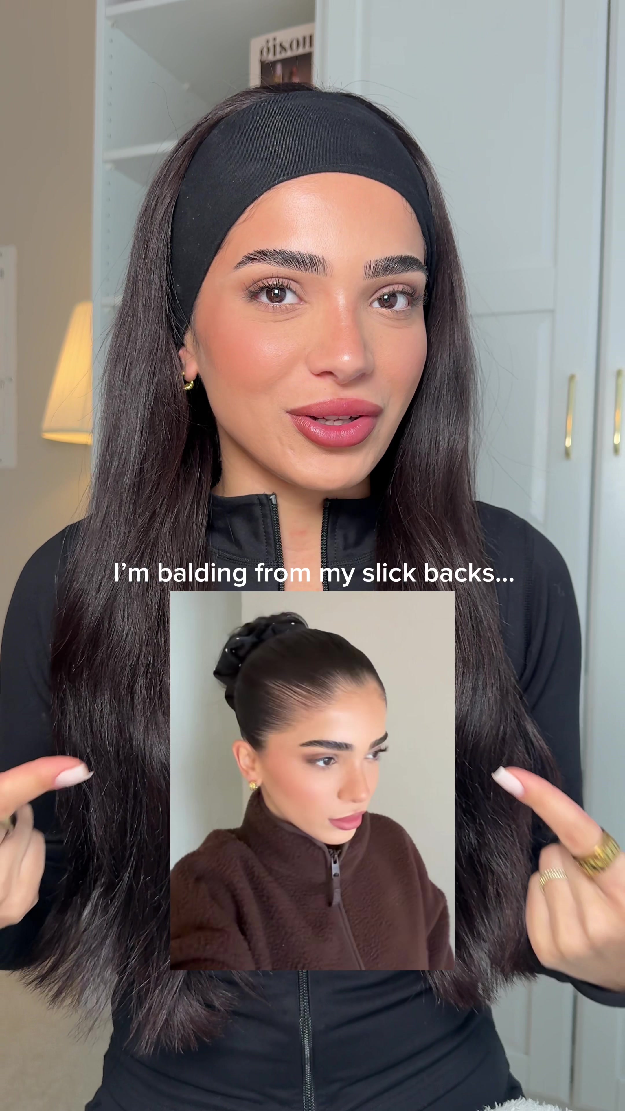 TikTok post by @kiyana.ebrahimi for OUAI. Caption reads: [...] 🫣 #slickback #haircarejourney @Fable & Mane....