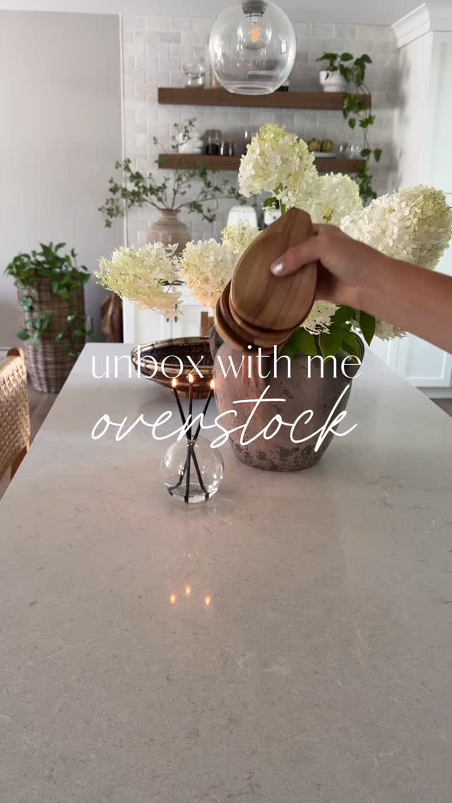 Instagram post by @ourhomeoncolonial for Overstock. Caption reads: Unbox with me: the most unique serveware and....