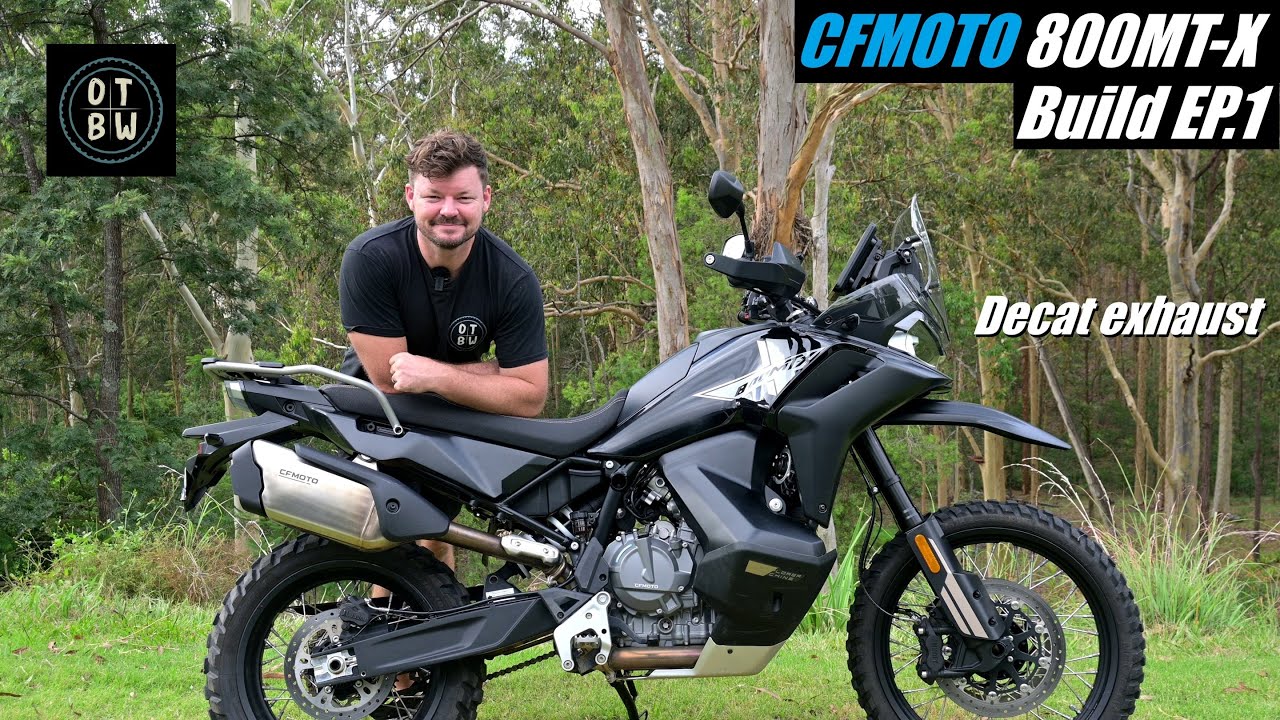 YouTube post by @onthebackwheel for CHIGEE. Caption reads: CFMOTO 800MT-X Build EP.2 | Decat Exhaust | Save....