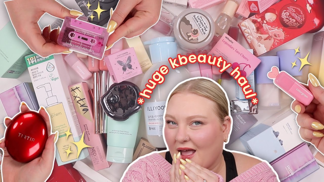 YouTube post by @LaurenMaeBeauty for BOXYCHARM. Caption reads: HUGE *viral* kbeauty haul 💕✨🎀 (with try-ons).