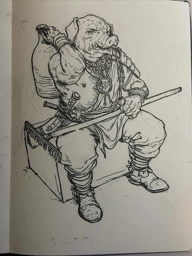 Instagram post by @karlkopinski for Kuretake ZIG. Caption reads: Here’s another version of the piggy character from....