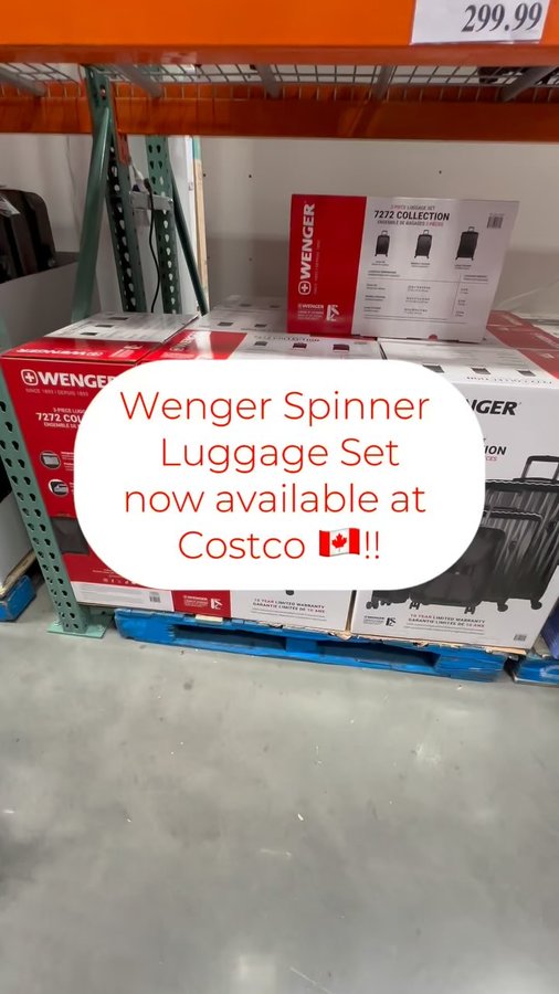 Instagram post by @costcofindscanada for SWISSGEAR. Caption reads: ✈️ NEW LUGGAGE SET!!
‌
Wenger 3 piece Spinner....