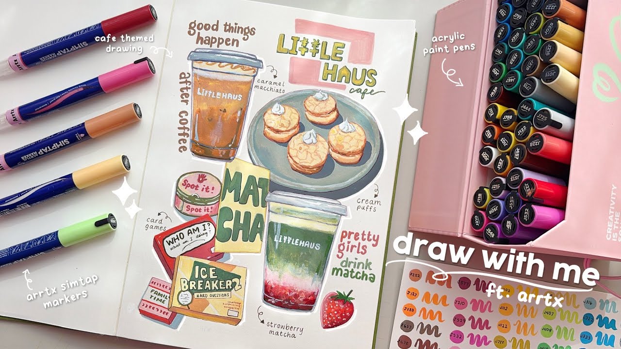 YouTube post by @emmawtj for byanavrin. Caption reads: ☁️ draw with me 🍵 trying out arrtx 48 simtap....