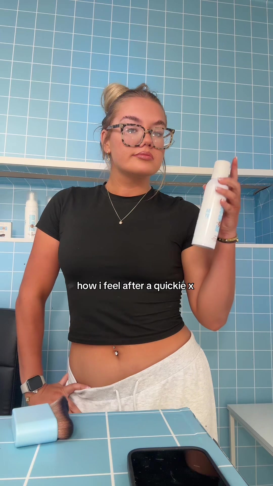 TikTok post by @mmariavalentina.x for Grays Glowjob. Caption reads: a quickie spray a week keeps the sadness away xxx....