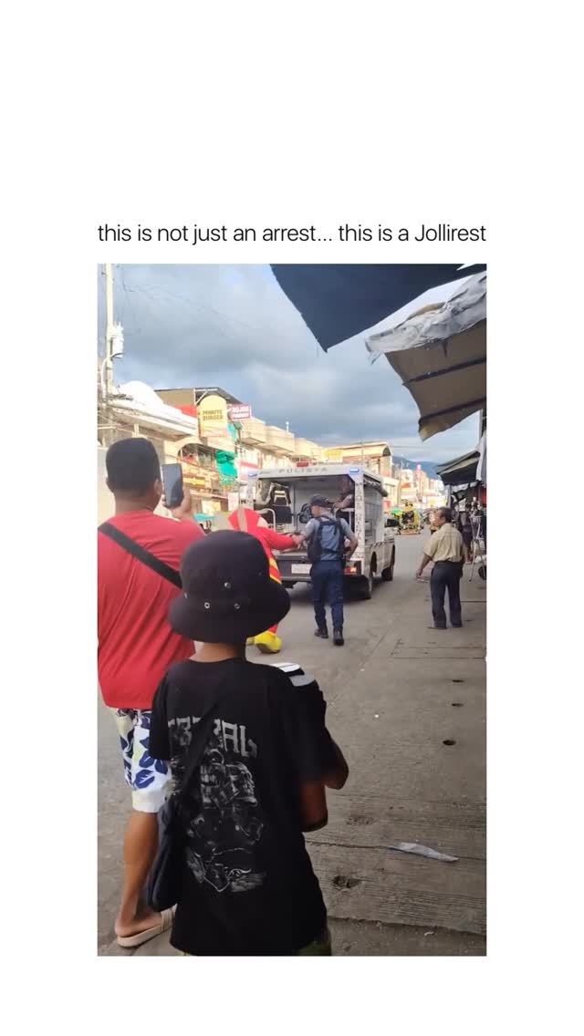 Instagram post by @pinoytrendings for Jollibee. Caption reads: @jollibee arrested for spreading too much joy.