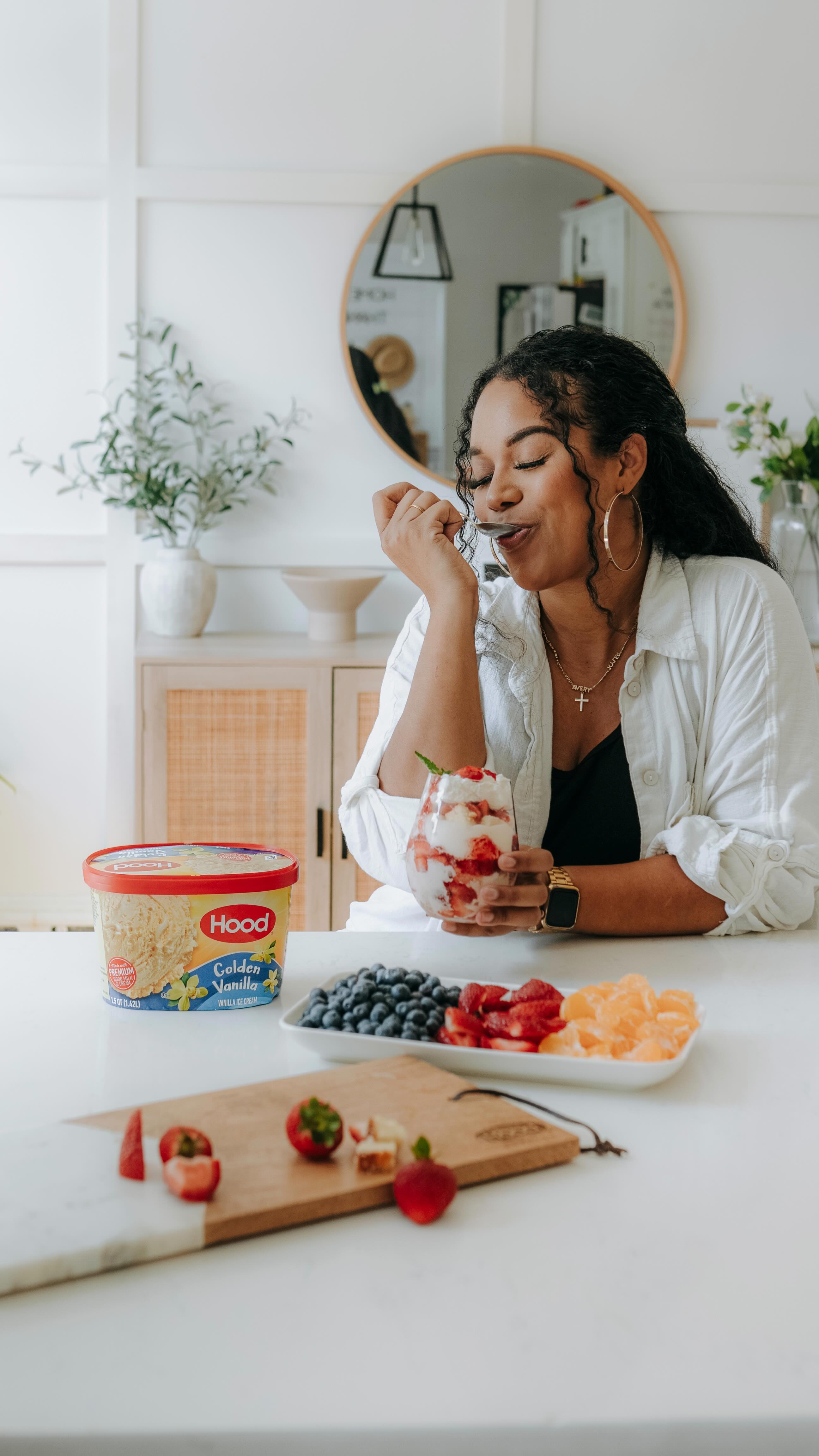 Instagram post by @kathlynceleste for Hood. Caption reads: Summer mom hack: throw strawberries, cake, and....