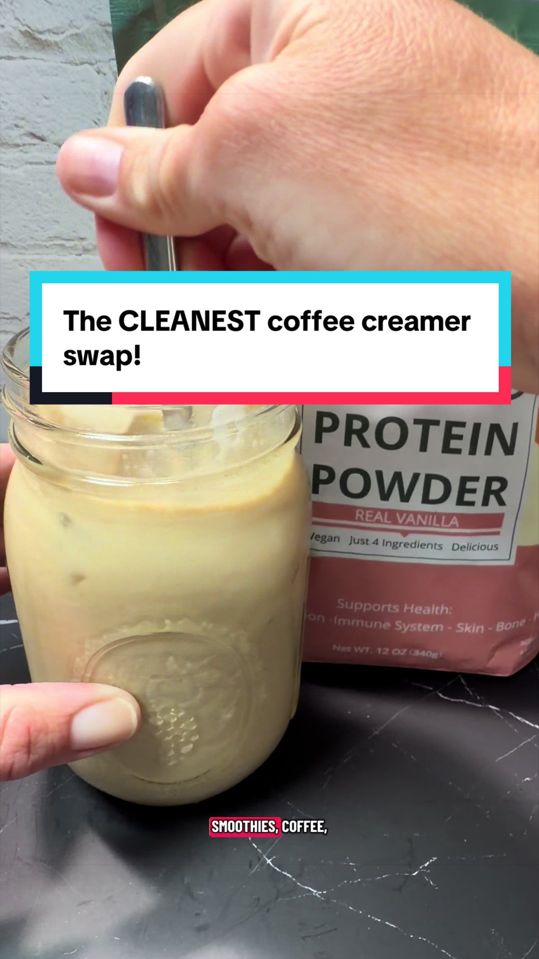 TikTok post by @omnimomjordan for Wellious. Caption reads: This @Wellious protein powder is the best I have....