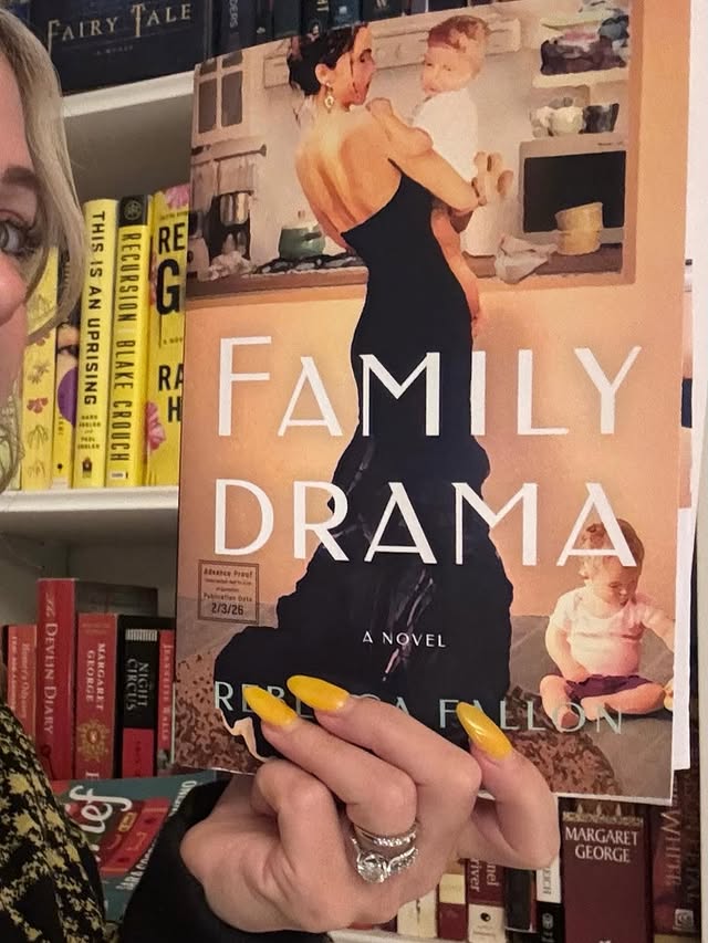 Instagram post by @stacy40pages for Simon & Schuster. Caption reads: 𝐅𝐚𝐦𝐢𝐥𝐲 𝐃𝐫𝐚𝐦𝐚 by Rebecca Fallon. Thanks....