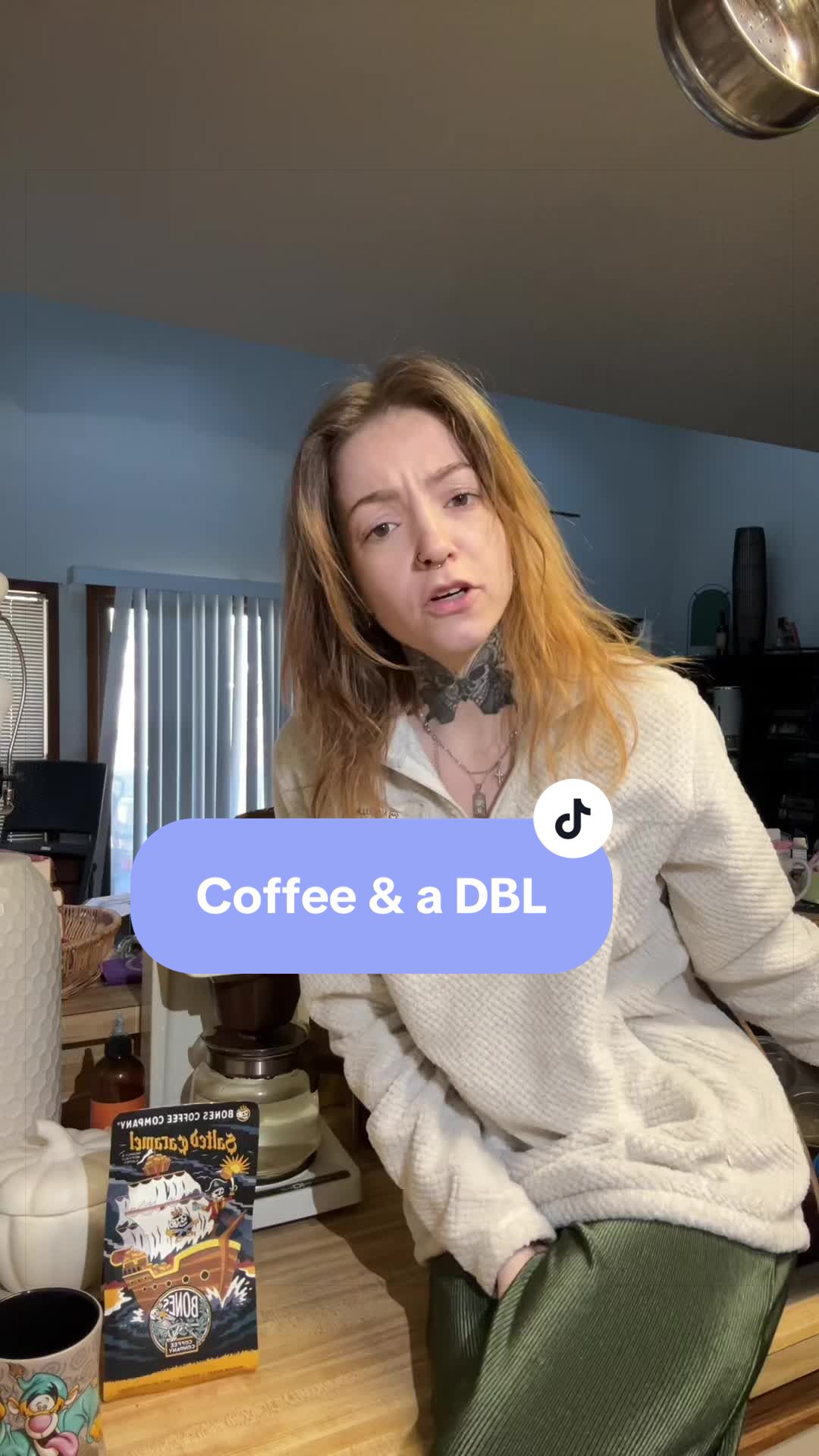 TikTok post by @crunchymomsourdough for Bones Coffee Company. Caption reads: [...] #coffeetok #grwm #goodmorning @Bones Coffee....