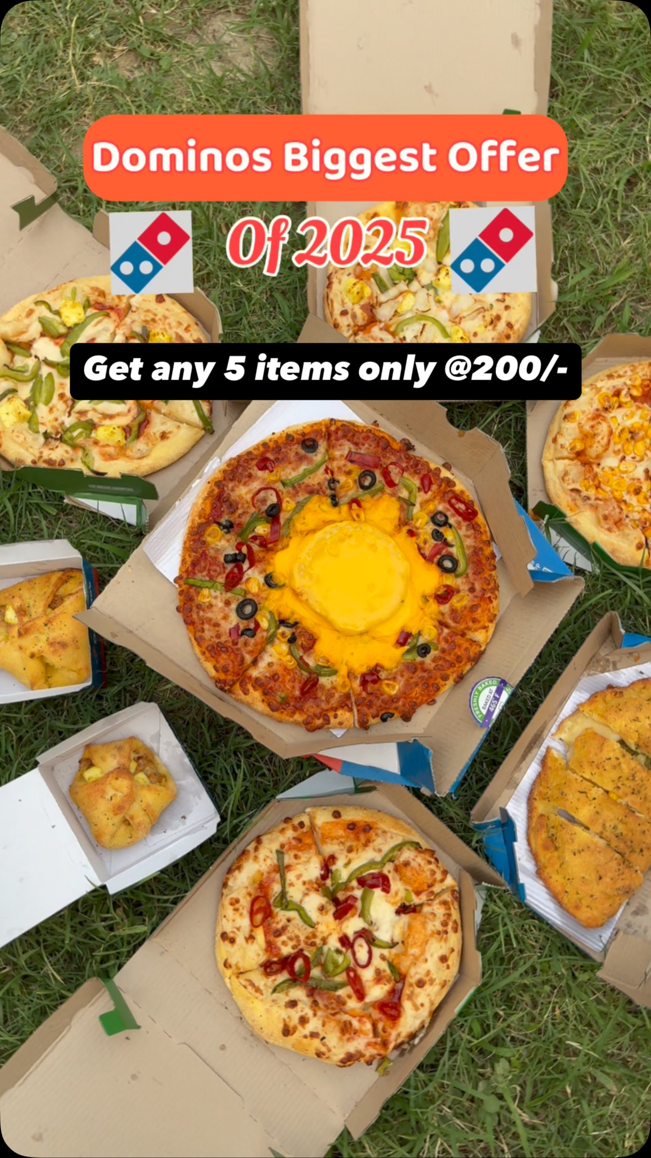 Instagram post by @amandeep7666 for Domino's. Caption reads: #ad Enjoy 5 Domino’s Items for Just ₹200! 😱....