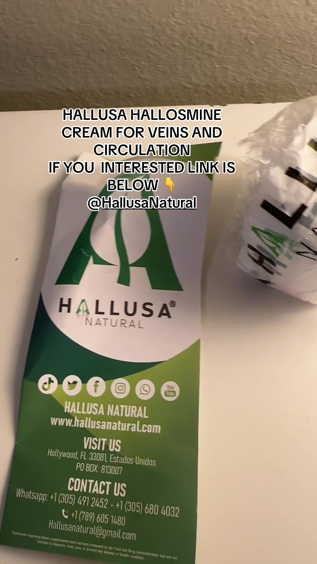 TikTok post by @kjl1122 for Hallusa Natural. Caption reads: [...] CREAM FOR VEINS AND CIRCULATION.@Hallusa....