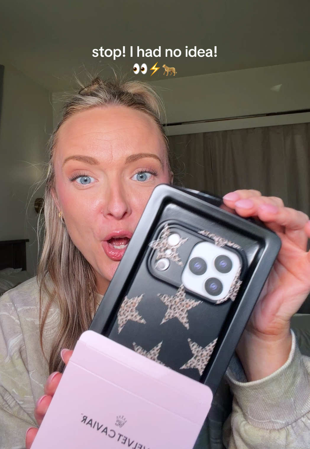 TikTok post by @realtalkcaitlin for VELVET CAVIAR. Caption reads: @velvetcaviar has the best phone cases 🐆⚡️ [...].