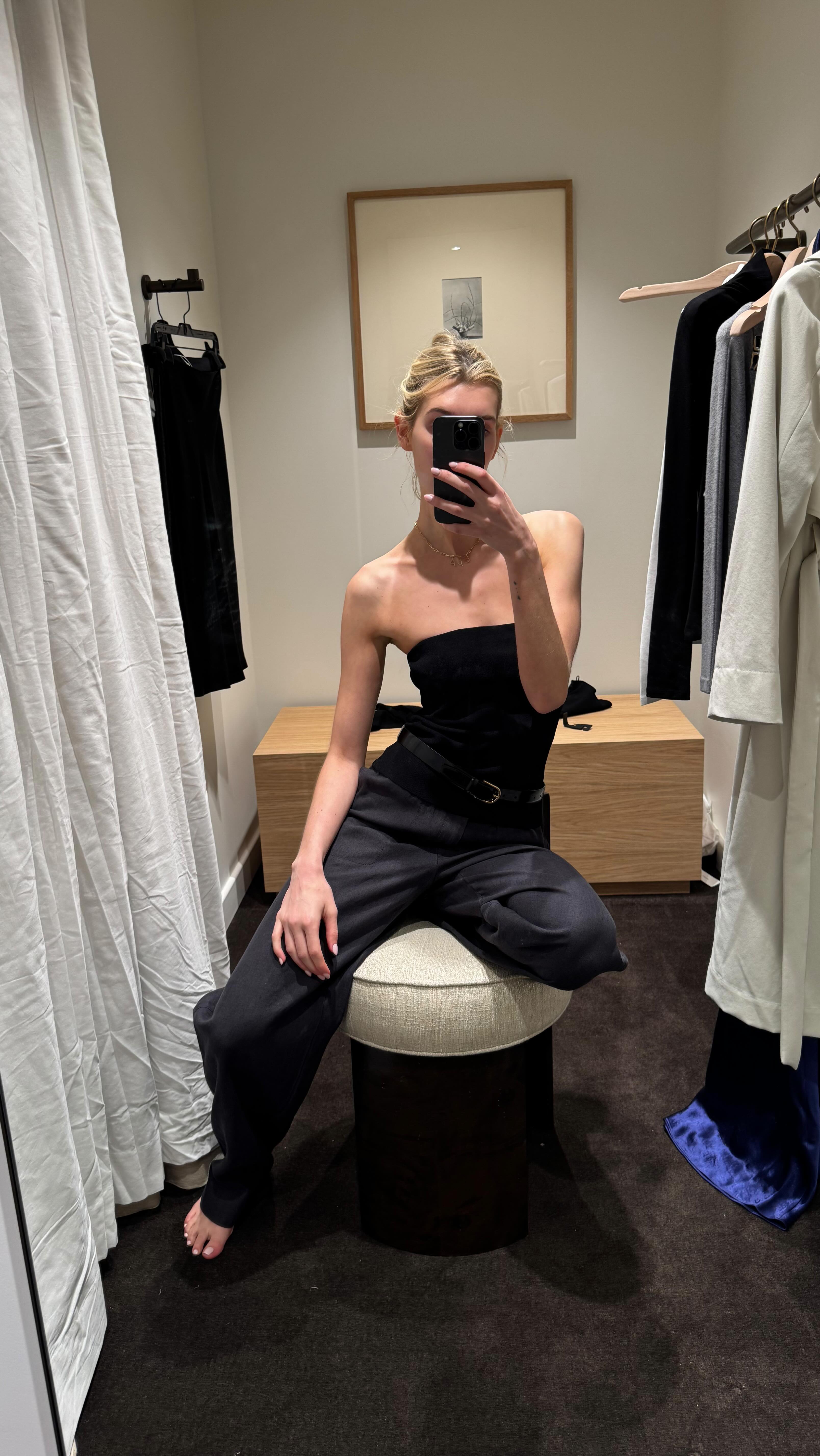 Instagram post by @eviehenderson for Vince. Caption reads: Playing dress up in the new @vince store....