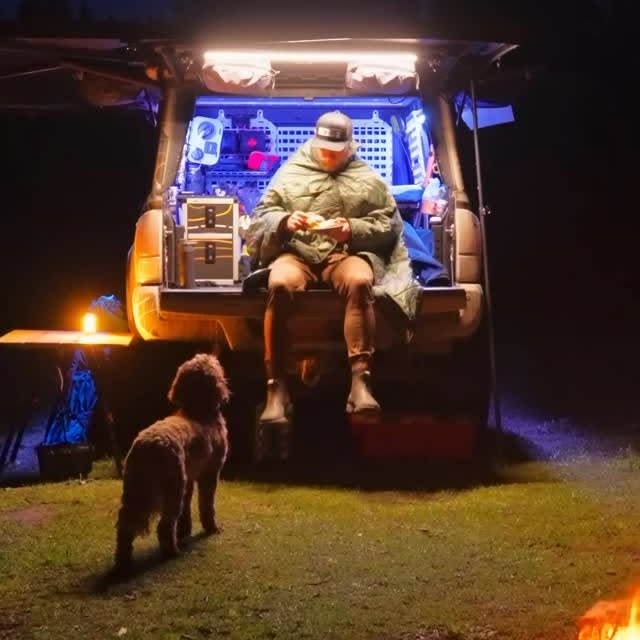 Instagram post by @hunter_pauley for Bespoke Post. Caption reads: Gorgeous views, hot cinnamon buns, and a good dog.....