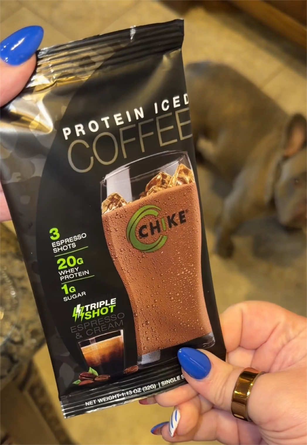 TikTok post by @theglamknockout for Chike Nutrition. Caption reads: Starting my morning off with a protein iced coffee....