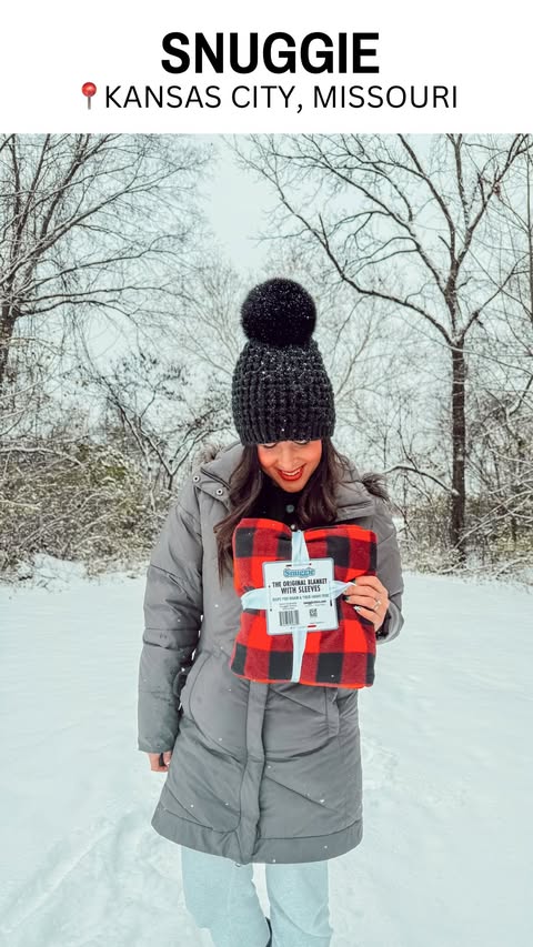 Instagram post by @kansascitykaren for Snuggie. Caption reads: ❄️ First snowfall = couch with my Snuggie....
