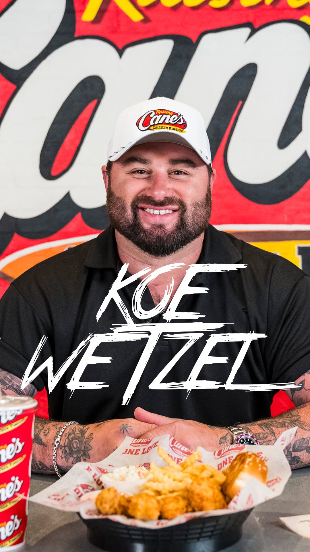 Instagram post by @koe_wetzel for Raising Cane's. Caption reads: @koe_wetzel takes over Raising Cane’s HQ. Think....