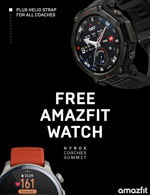 Instagram post by @hyrox365official for Amazfit. Caption reads: [...] the standard of coaching. Thanks to Amazfit,....